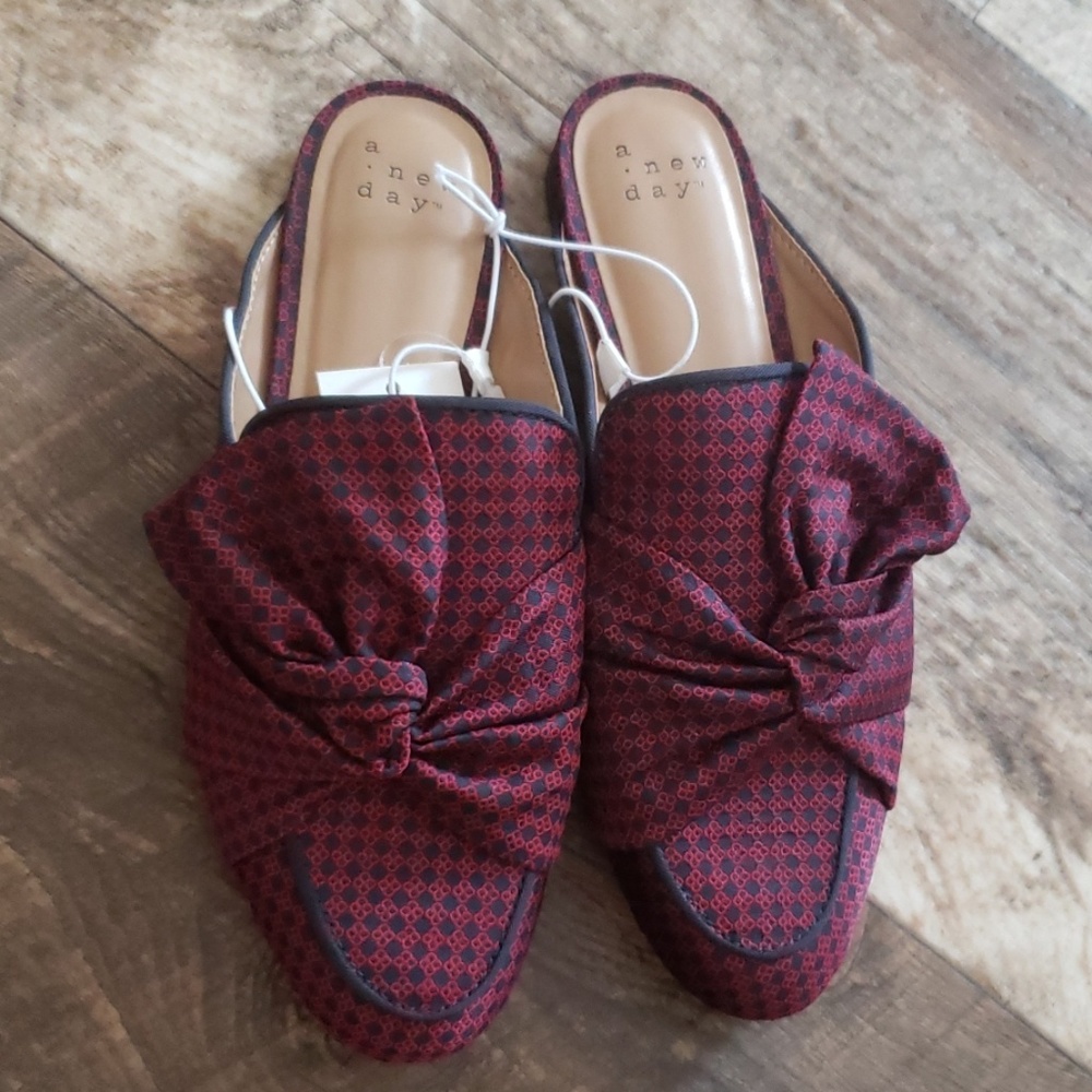 NEW Mules Preppy Bow Red Maroon Shoes Plaid Trendy - Picture 6 of 8
